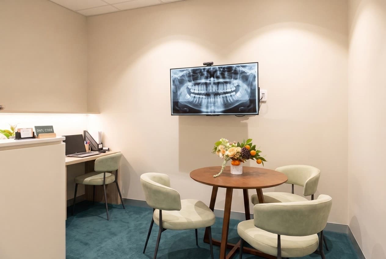One of our private patient advocate rooms, with a round table, flowers and a wall screen