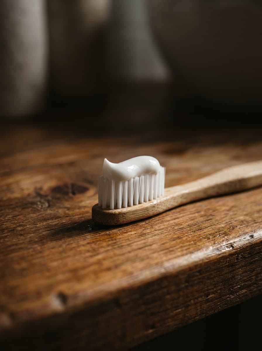 A bamboo toothbrush with toothpaste