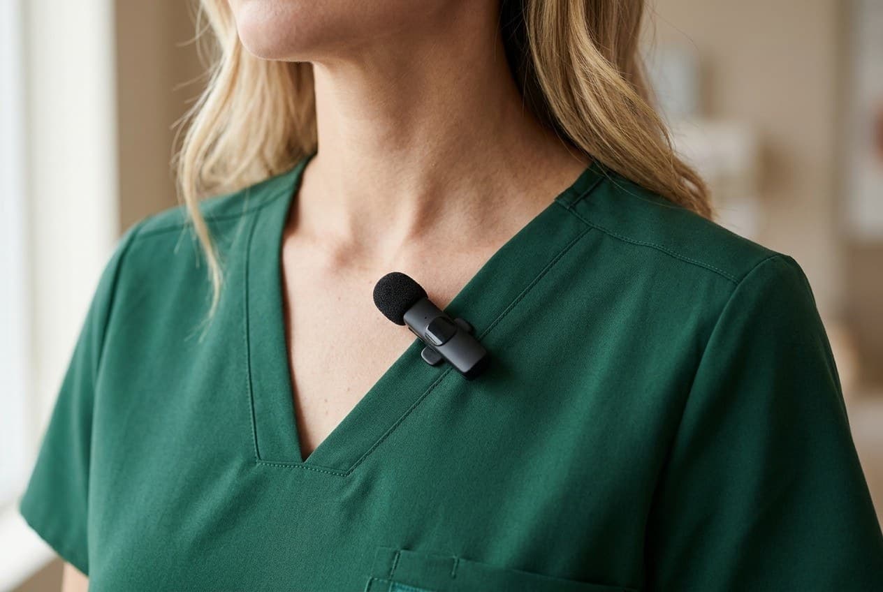 Close-up of green scrubs with a small lapel microphone clipped at the neckline