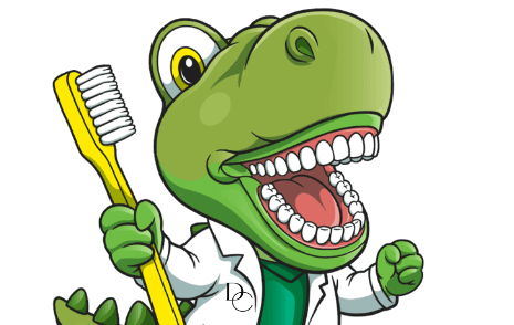 Dr Croc, a friendly green crocodile in a dentist coat, leaning over the sign with his toothbrush