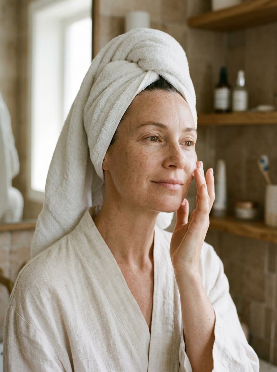 A woman smoothing moisturiser onto her cheek