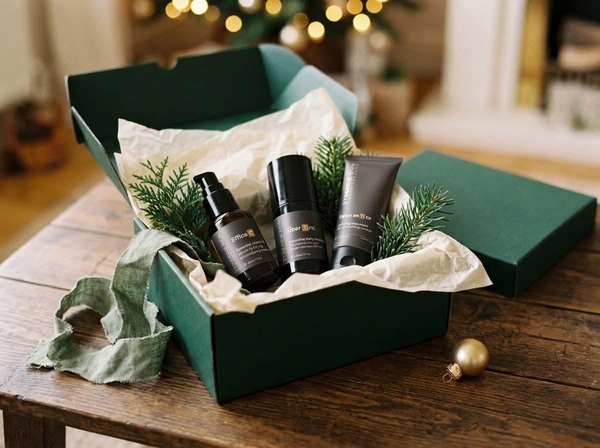 A green Christmas gift box filled with Synergie Skin products