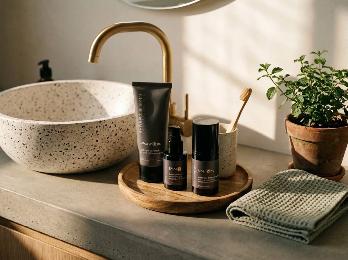 Synergie Skin products on a timber tray beside a terrazzo basin