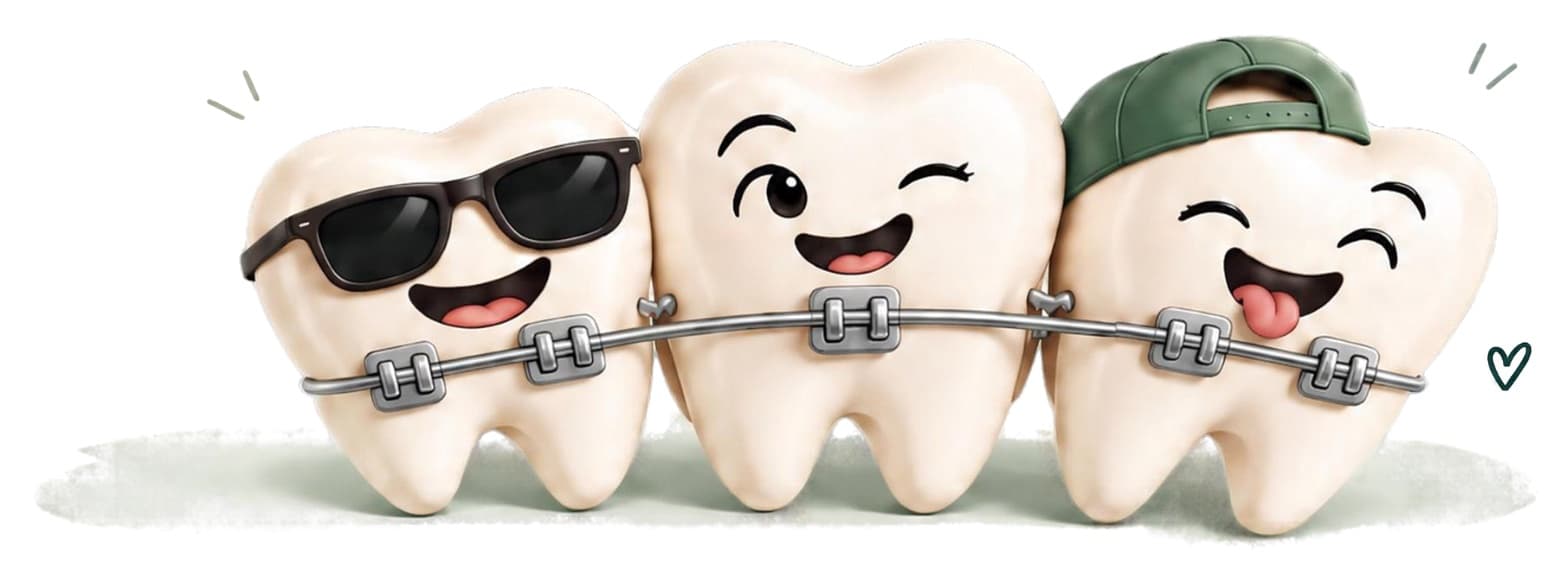 Three smiling cartoon teeth wearing braces, one in sunglasses and one in a cap