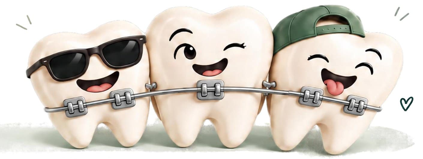 Three cheerful tooth characters wearing braces, one in sunglasses and one in a cap