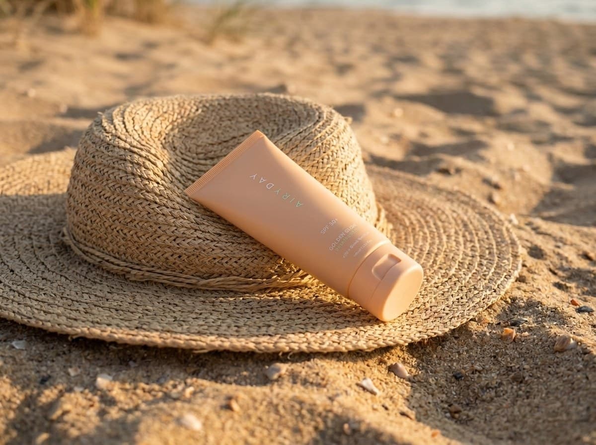 A tube of AIRYDAY sunscreen resting on a straw hat on the sand