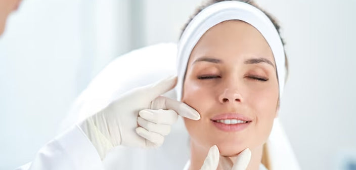 Gloved hands touching a woman’s face during a facial treatment