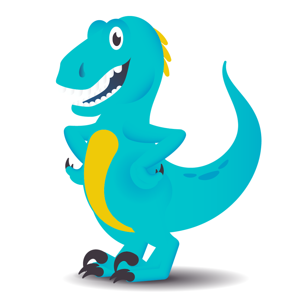 Fund My Dental mascot: a cartoon teal dinosaur